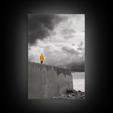 Yellow Raincoat, Ocean Storm, Moody Skies, Framed Canvas Print, Minimalist Wall Art, Coastal Entryway Decor, Contemplative Scene