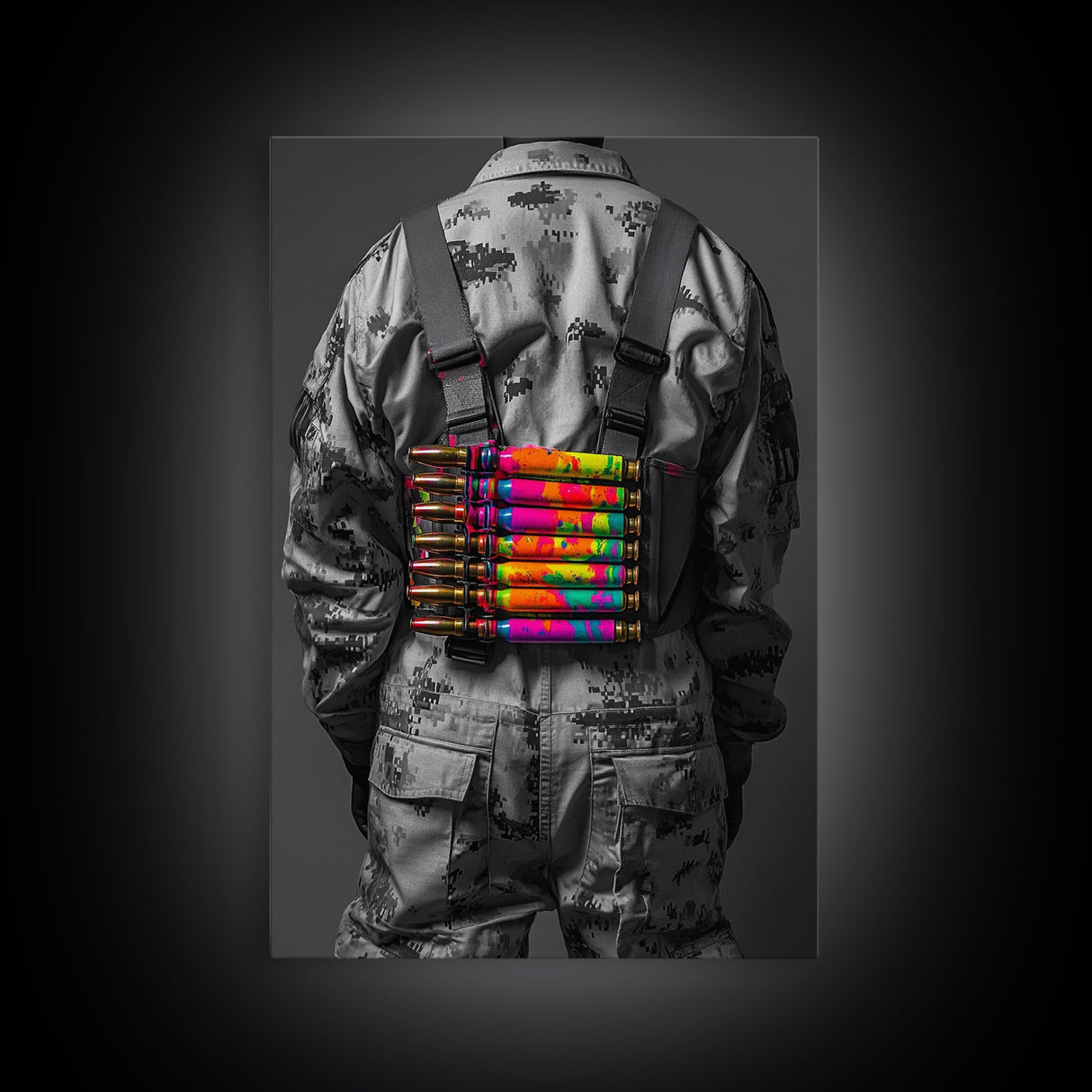 Colorful Ammo Art, Bold Bullets, Neon War, Framed Canvas Print, Urban Wall Art, Edgy Decor, Man Cave Accent, Pop Art Style