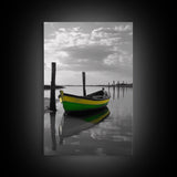 Green Yellow Boat, Serene Reflection, Dockside Calm, Framed Canvas Print, Coastal Bedroom Decor, Minimal Nautical Wall Art