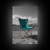 Teal Camp Chair, Outdoor Minimalism, Desert Art, Canvas Print, Camping Wall Decor, Nature Photo, Rustic Retreat, Cabin Wall Art