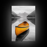 Yellow Canoe Lake, Misty Mountain Art, Canvas Print, Adventure Decor, Cabin Living Wall Art, Rustic Landscape Photo
