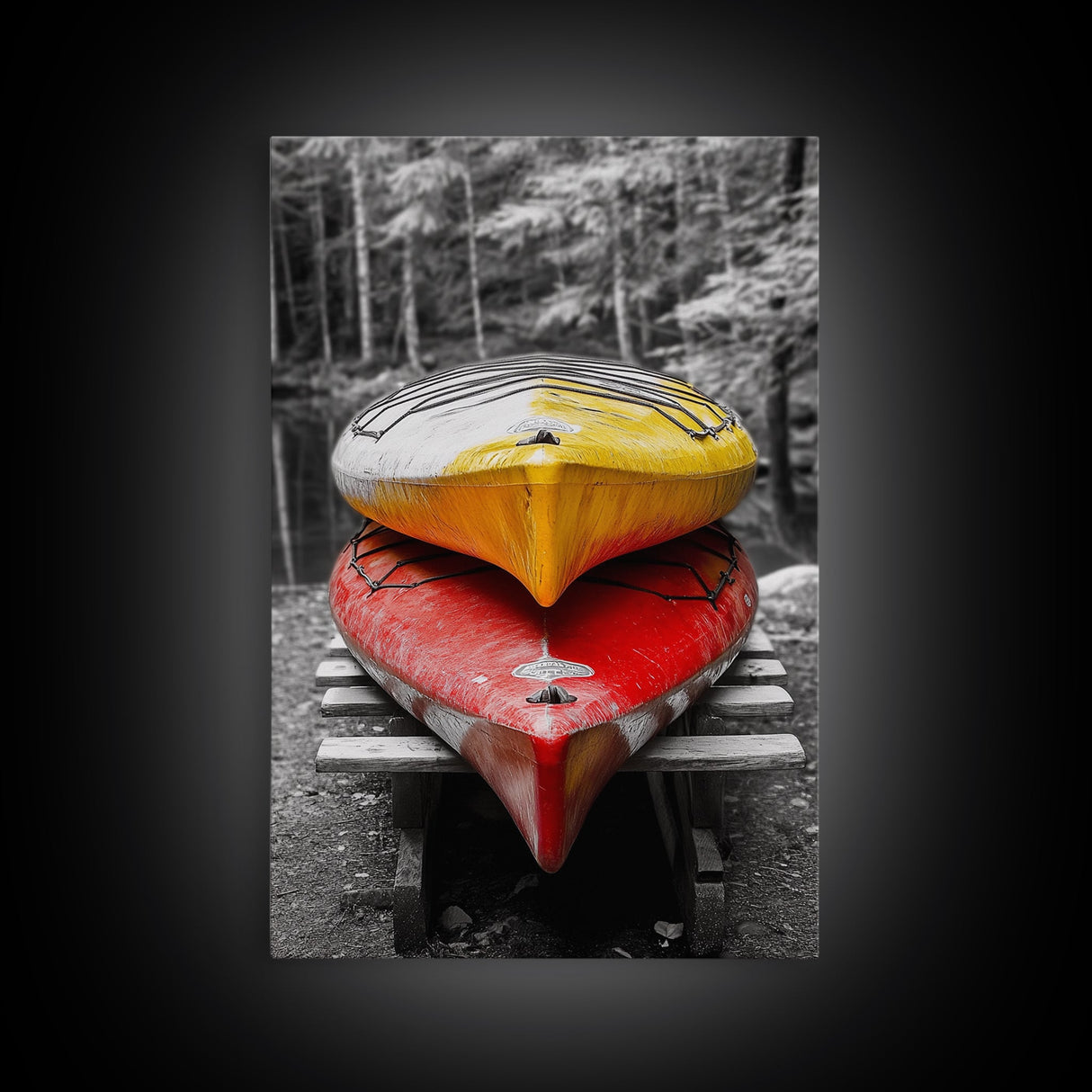 Stacked Kayaks, Red and Yellow, Forest Wall Art, Canvas Print, Adventure Photography, Outdoor Cabin Decor, Fall Travel Vibes