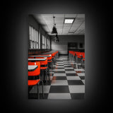 Retro Cafeteria, Red Chairs, Midcentury Modern Art, Canvas Print, Black and White Pop Art, Kitchen Wall Decor, Industrial Style