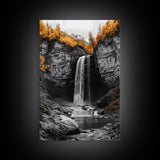 Autumn Waterfall, Forest Stream, Yellow Trees, Canvas Print, Nature Wall Art, Fall Decor, Moody Landscape Art, Living Room Wall Art
