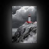 Stormy Lighthouse, Red Roof, Dramatic Coastline, Canvas Print, Coastal Wall Decor, Nautical Art, Living Room Wall Art, Rustic Home Art