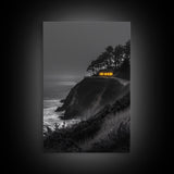 Cabin on Cliff, Moody Coastal Art, Glowing Window, Sunset Seascape, Framed Canvas Print, Minimalist Landscape, Living Room Wall Art