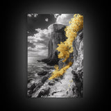 Golden Trees, Dramatic Cliff Path, Ocean Horizon, Nature Escape, Framed Canvas Print, Rustic Wall Art, Autumn Decor, Entryway Art