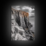 Rugged Cliff Coast, Ocean Rocks, Dramatic Sky, Seaside View, Framed Canvas Print, Coastal Decor, Living Room Wall Art, Earthy Tones