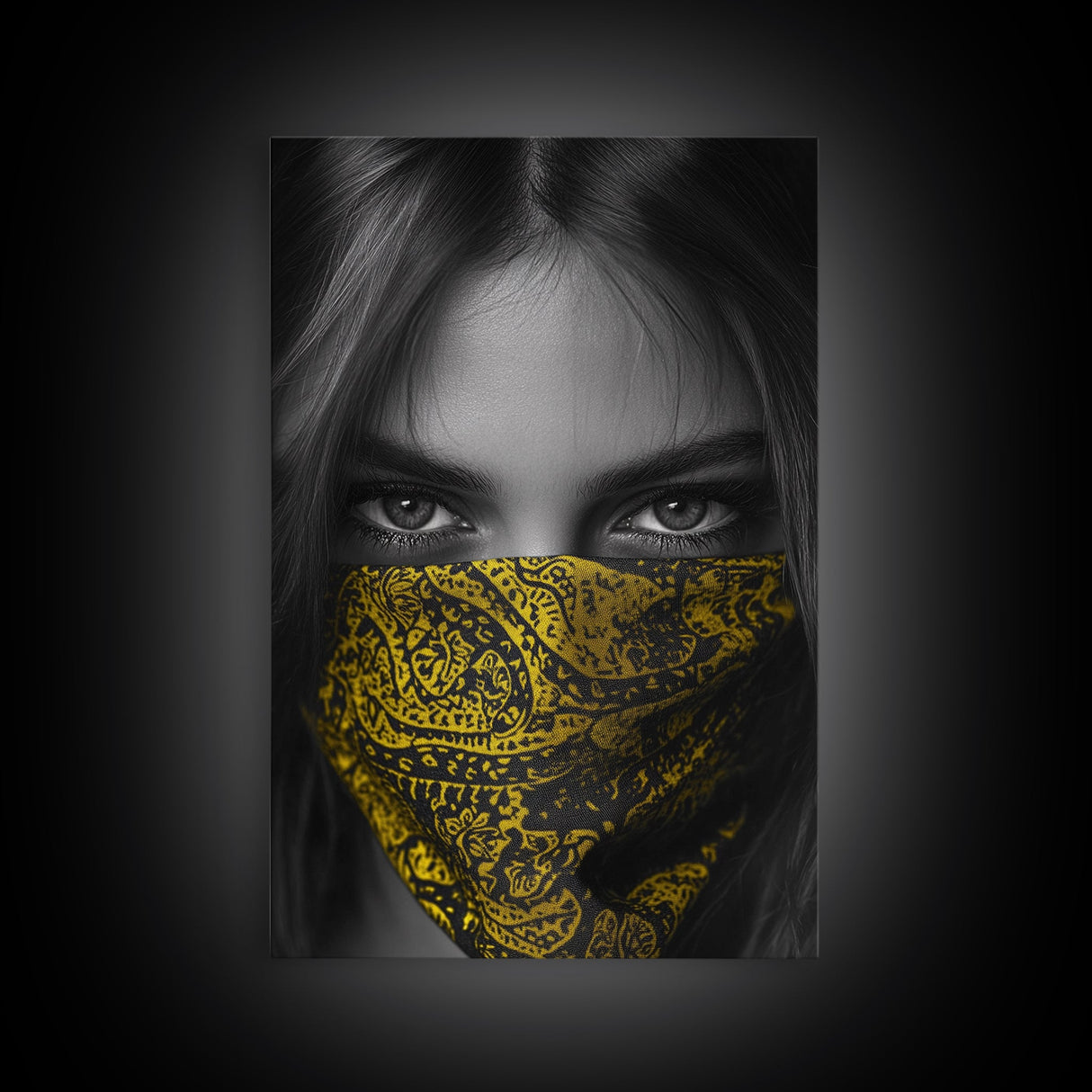 Yellow Bandana Girl, Intense Eyes, Street Portrait, Framed Canvas Print, Modern Photography, Teen Bedroom Wall Art, Bold Style