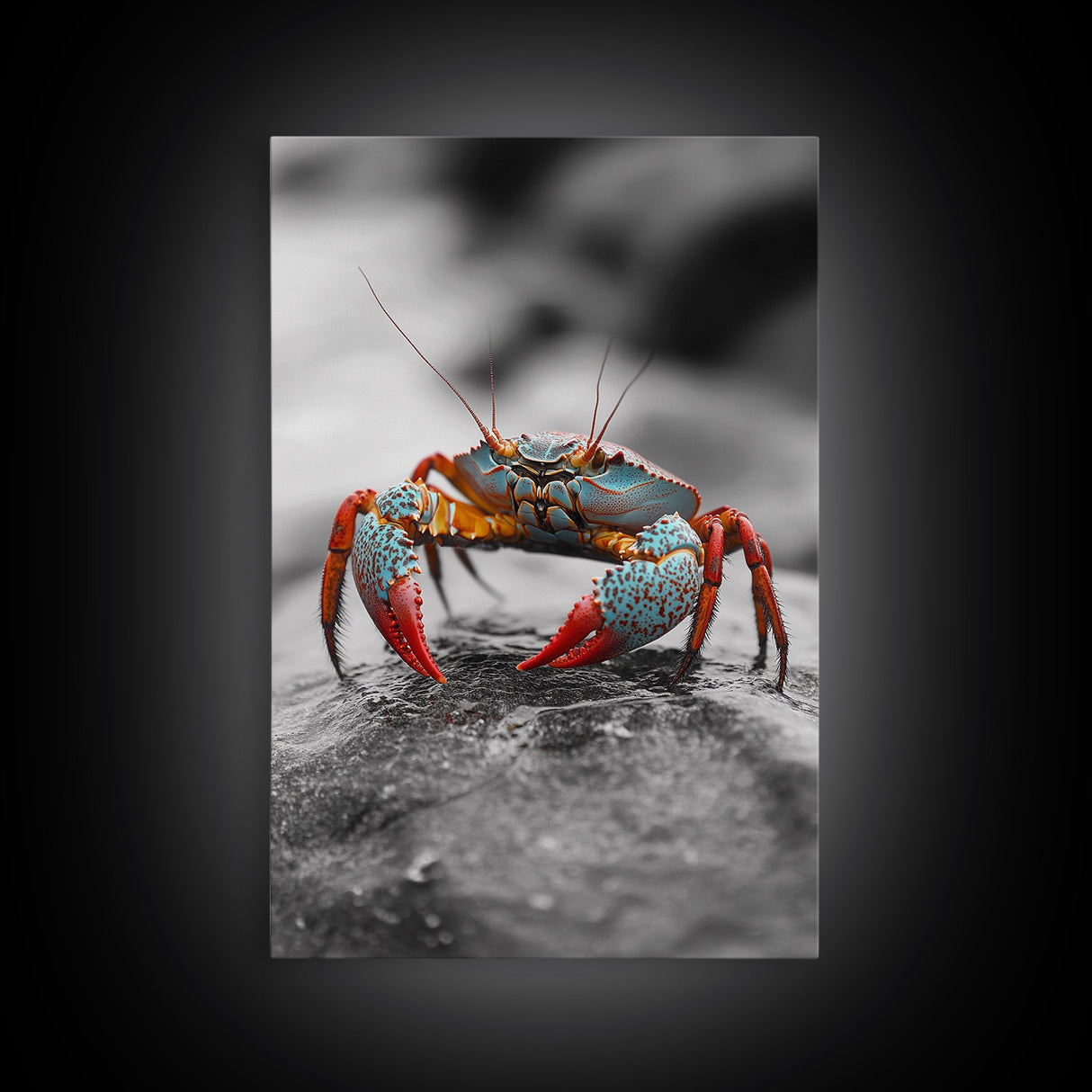 Blue Crab, Vibrant Shell, Coastal Creature Art, Framed Canvas Print, Bathroom Wall Art, Nautical Theme Decor, Ocean Wildlife Art