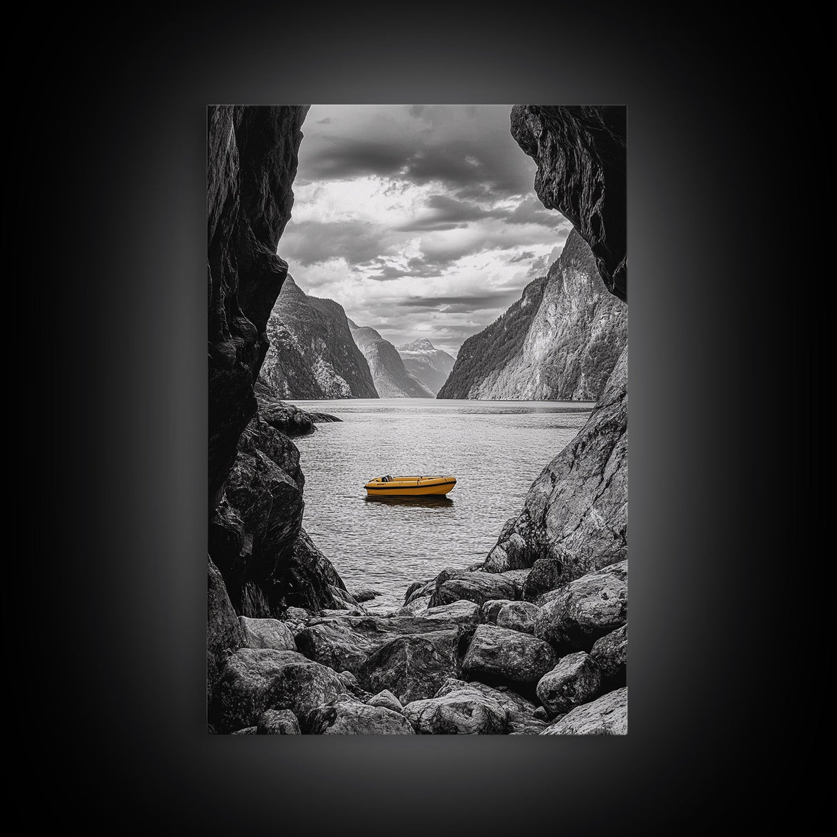 Yellow Boat, Mountain Lake, Serene Fjord Scene, Framed Canvas Print, Minimalist Wall Art, Nature Landscape, Scandinavian Decor