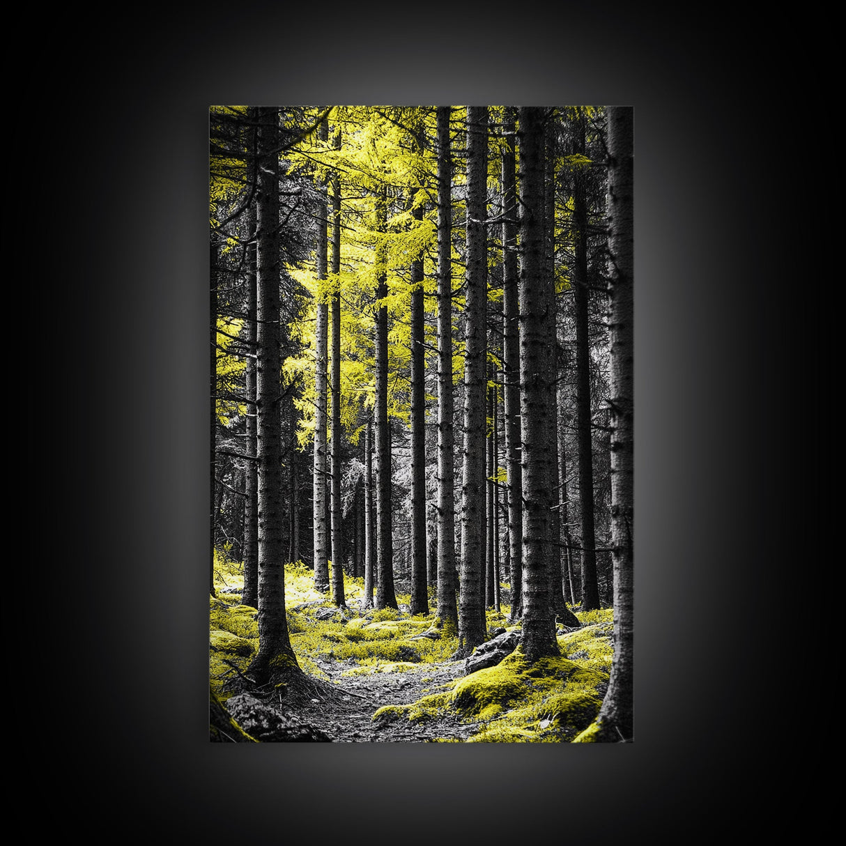 Yellow Forest, Tall Pines, Woodland Scene, Framed Canvas Print, Modern Nature Wall Art, Cabin Living Room Decor, Fall Forest Art
