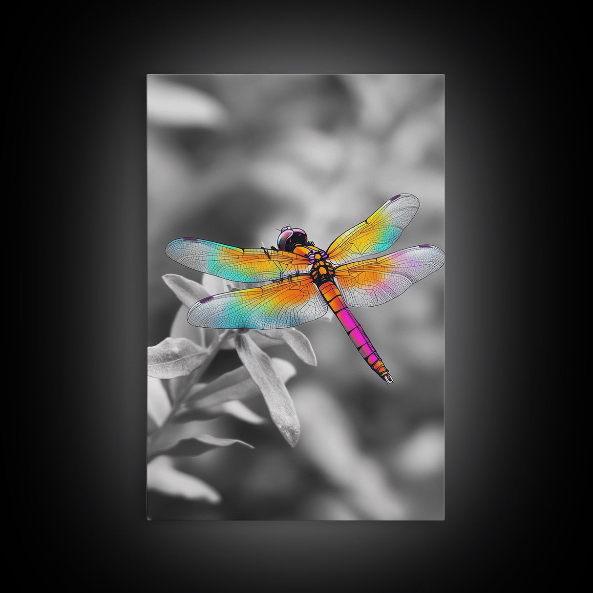 Rainbow Dragonfly, Vibrant Bug, Botanical Contrast, Framed Canvas Print, Nature Inspired Art, Bedroom Wall Decor, Whimsical Garden Accent