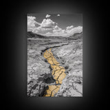 Desert Riverbed, Yellow Crack Trail, Dry Earth Path, Framed Canvas Print, Southwestern Wall Art, Minimalist Nature Decor, Earth Tone Style
