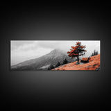 Scenic Bench, Autumn Hills, Serene Vista, Orange Tree — Framed Canvas Print, Minimalist Landscape Art, Fall Home Decor, Bedroom Wall Art