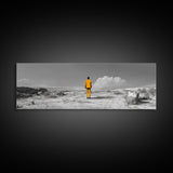 Yellow Suit, Surreal Desert, Lone Wanderer, Conceptual Art — Framed Canvas Print, Modern Art, Office Decor, Minimalist Statement Piece