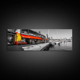 Waterfront Market, Urban Vibes, Boats and Shops, City Harbor — Framed Canvas Print, Kitchen Wall Art, Modern Cityscape, Vibrant Wall Decor
