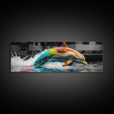 Color Splash Dolphin, Ocean Leap, Vibrant Marine, Joyful Moment — Canvas Print, Bathroom Decor, Beach House Wall Art, Pop Art Style