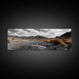 Desert Creek, Rugged Mountains, Golden Shrubs, Nature Path — Framed Canvas Print, Autumn Wall Decor, Rustic Office Art, Landscape Canvas