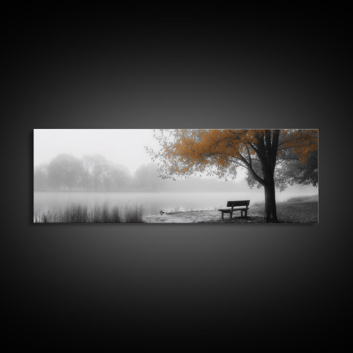 Foggy Lake, Autumn Tree, Peaceful Bench, Serene Nature, Framed Canvas Print, Fall Wall Decor, Zen Living Room Art, Bedroom Decor