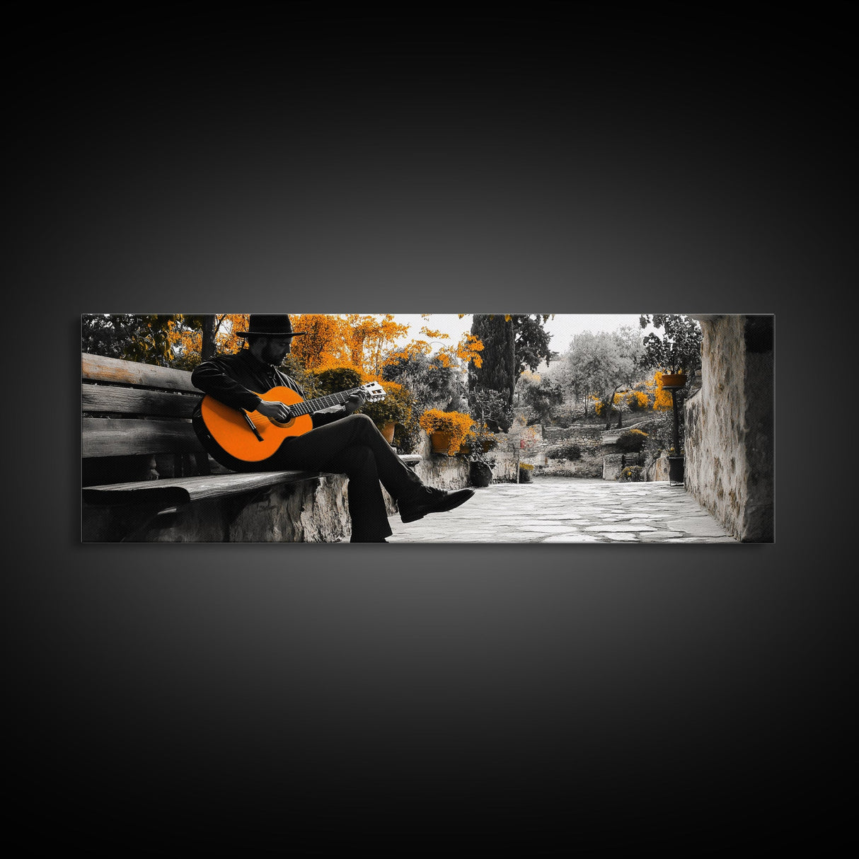 Spanish Guitar, Rustic Music Scene, Autumn Colors, Framed Canvas Print, Fall Wall Art, Living Room Decor, Folk Art, Warm Rustic Charm