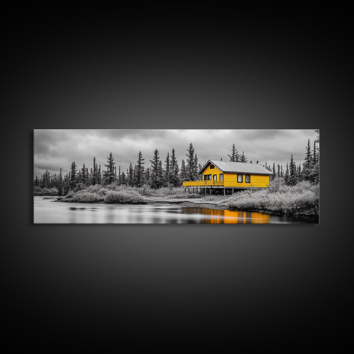 Yellow Cabin, Forest River View, Wilderness Retreat, Framed Canvas Print, Rustic Wall Art, Lodge Decor, Cozy Nature Landscape Style