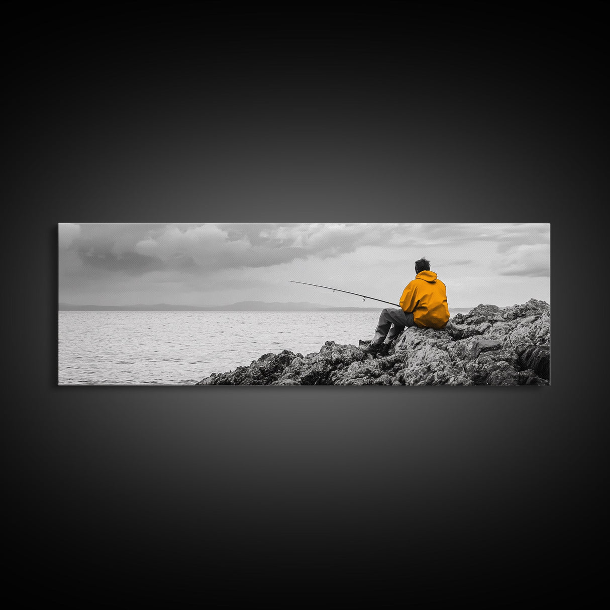 Peaceful Angler View, Yellow Hoodie Fisherman, Canvas Print, Minimalist Seaside Wall Art, Coastal Living Room Art, Fishing Lover Gift