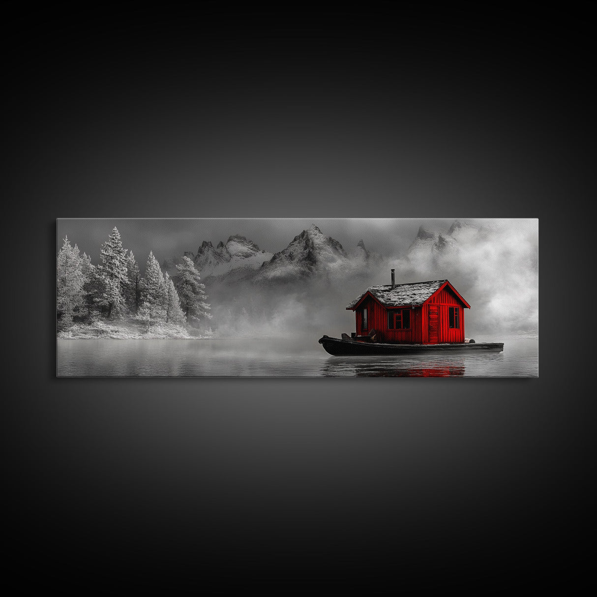 Red Cabin in Fog, Mountain Lake Boat House, Canvas Print, Winter Lodge Wall Art, Moody Nature Decor, Black and White Landscape Art