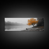 Foggy Riverbank Tree, Orange Fall Tree, Framed Canvas Print, Autumn Nature Scene, Moody Landscape Wall Art, Rustic Bedroom Decor