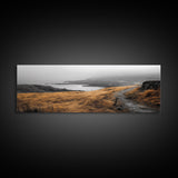 Coastal Cliff Path, Golden Grasses by Sea, Canvas Print, Autumn Hiking Scene, Misty Nature Wall Art, Hallway Landscape Photography
