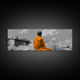Solitude in Nature, Orange Robe Figure, Mindful Meditation Scene, Canvas Print, Boho Landscape, Zen Room Wall Art, Office Wall Decor