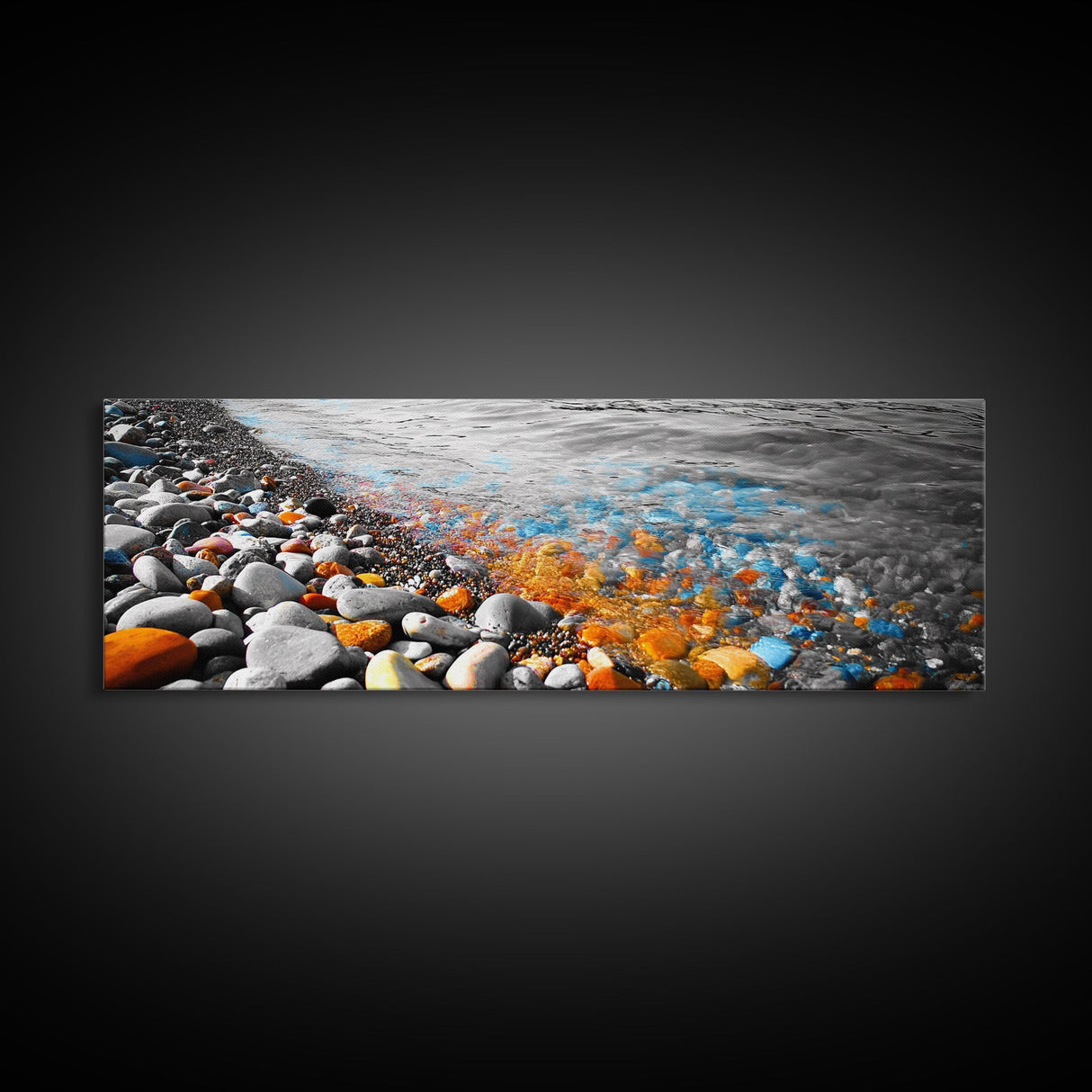 Colorful Pebble Shore, Vibrant Lake Stones, Blue Orange Rocks, Framed Canvas Print, Boho Coastal Style, Bathroom Wall Art