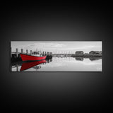 Red Fishing Boat, Harbor Reflection Scene, Calm Dockside Water, Framed Canvas Print, Nautical Art, Living Room Wall Decor