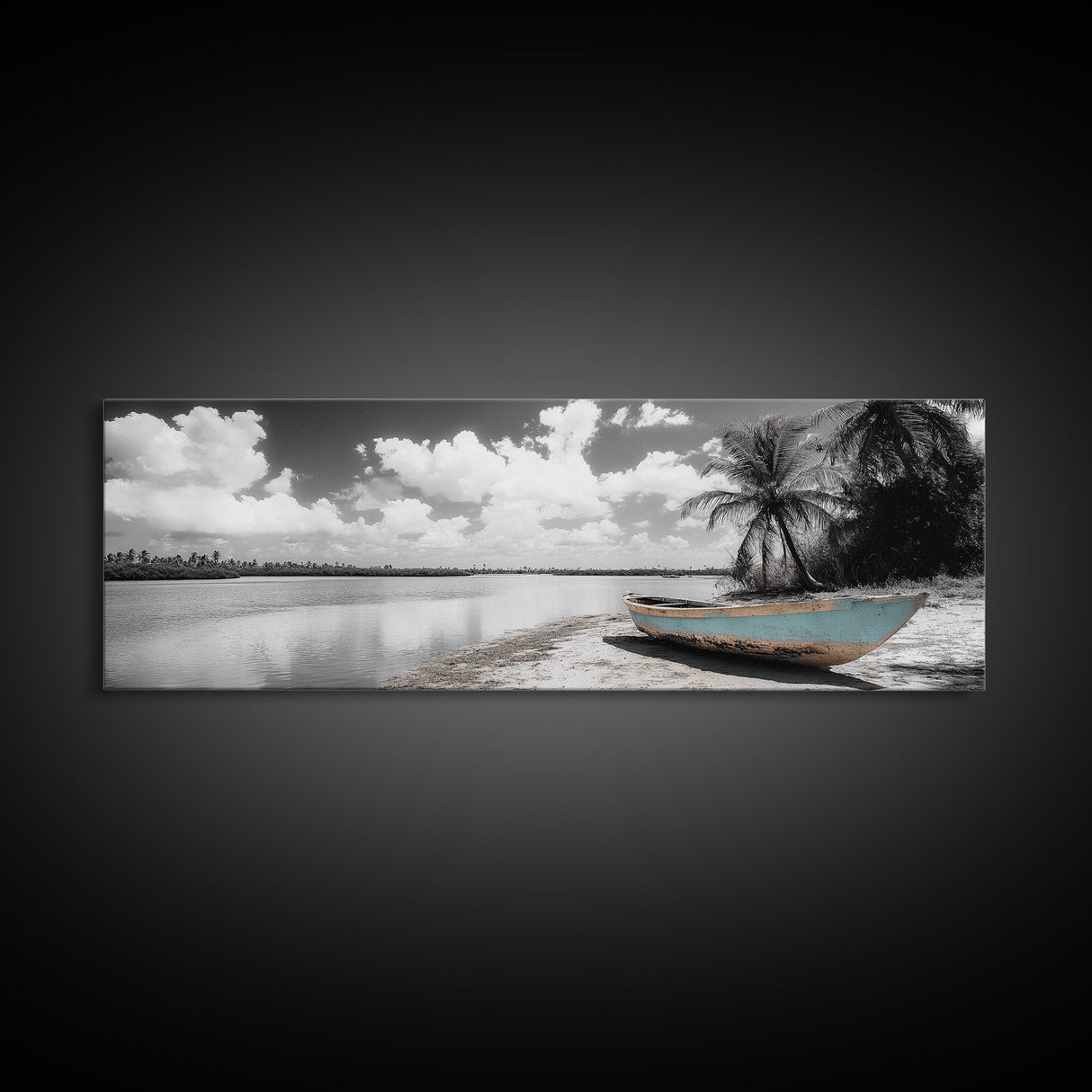 Tropical Boat, Deserted Beach, Palms and Clouds, Ocean Peace, Framed Canvas Print, Boho Wall Art, Bedroom Decor, Seaside Minimalism