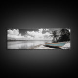 Tropical Boat, Deserted Beach, Palms and Clouds, Ocean Peace, Framed Canvas Print, Boho Wall Art, Bedroom Decor, Seaside Minimalism