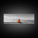 Orange Jacket, Solitude Man, Sea Gaze, Minimal Mood, Framed Canvas Print, Office Wall Art, Modern Decor, Reflective Photography