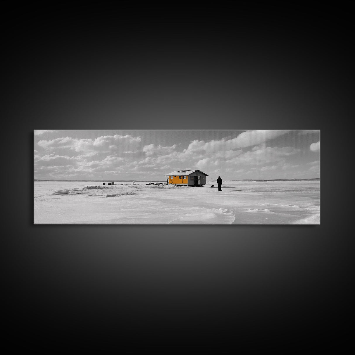 Winter Fishing, Ice House, Snowy Sky, Arctic Chill, Framed Canvas Print, Cabin Wall Art, Minimalist Winter Decor, Monochrome Scene