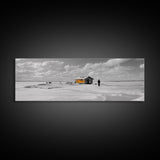 Winter Fishing, Ice House, Snowy Sky, Arctic Chill, Framed Canvas Print, Cabin Wall Art, Minimalist Winter Decor, Monochrome Scene