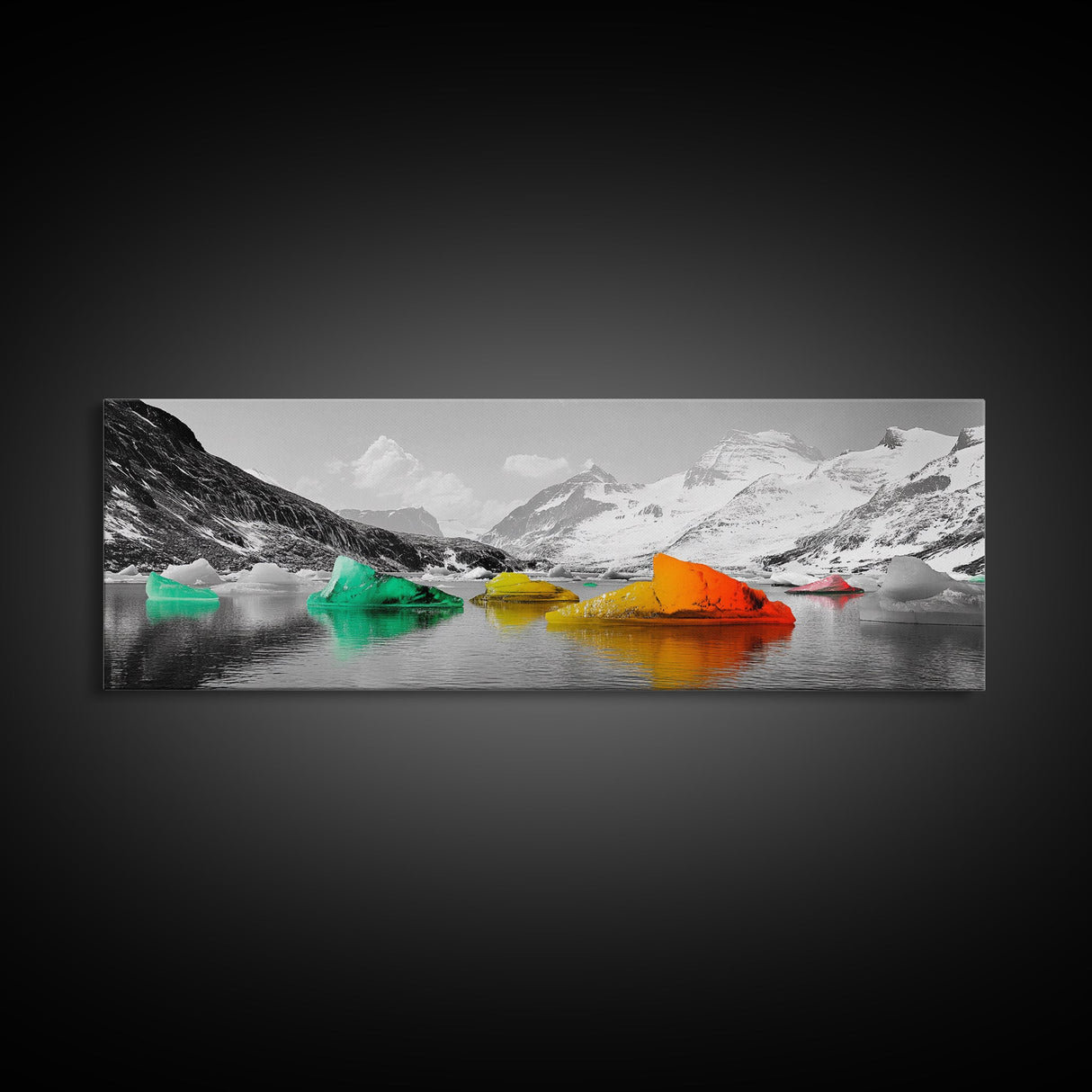 Rainbow Icebergs, Arctic View, Frozen Sea, Vibrant Chill, Framed Canvas Print, Kids Room Art, Surreal Landscape, Winter Fantasy