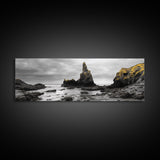 Sea Stacks, Rocky Shore, Golden Moss, Framed Canvas Print, coastal wall art, moody ocean print, beach house decor, nature photography