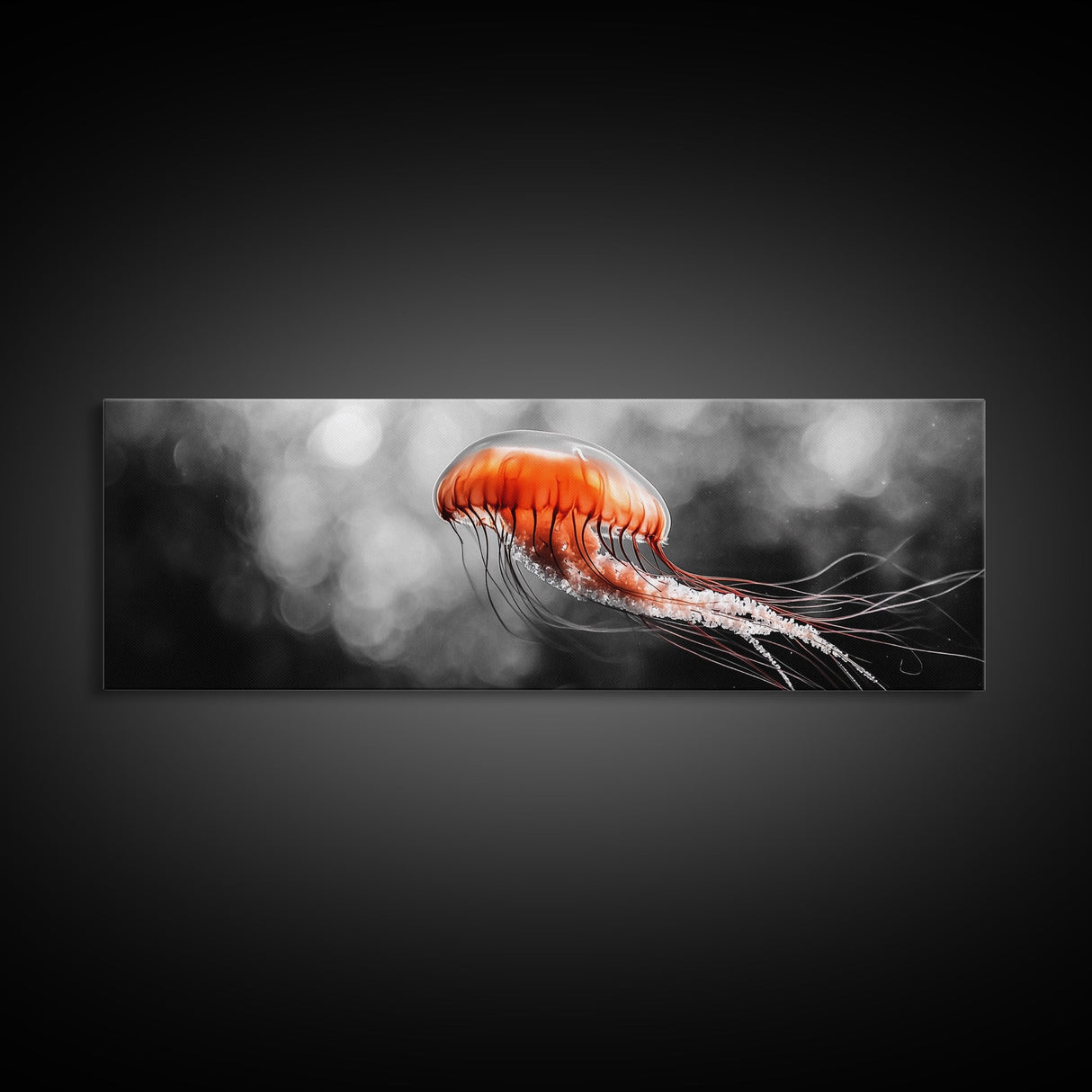 Jellyfish Glow, Ocean Depths, Abstract Sea Life, Framed Canvas Print, marine animal art, coastal bathroom decor, modern underwater wall art