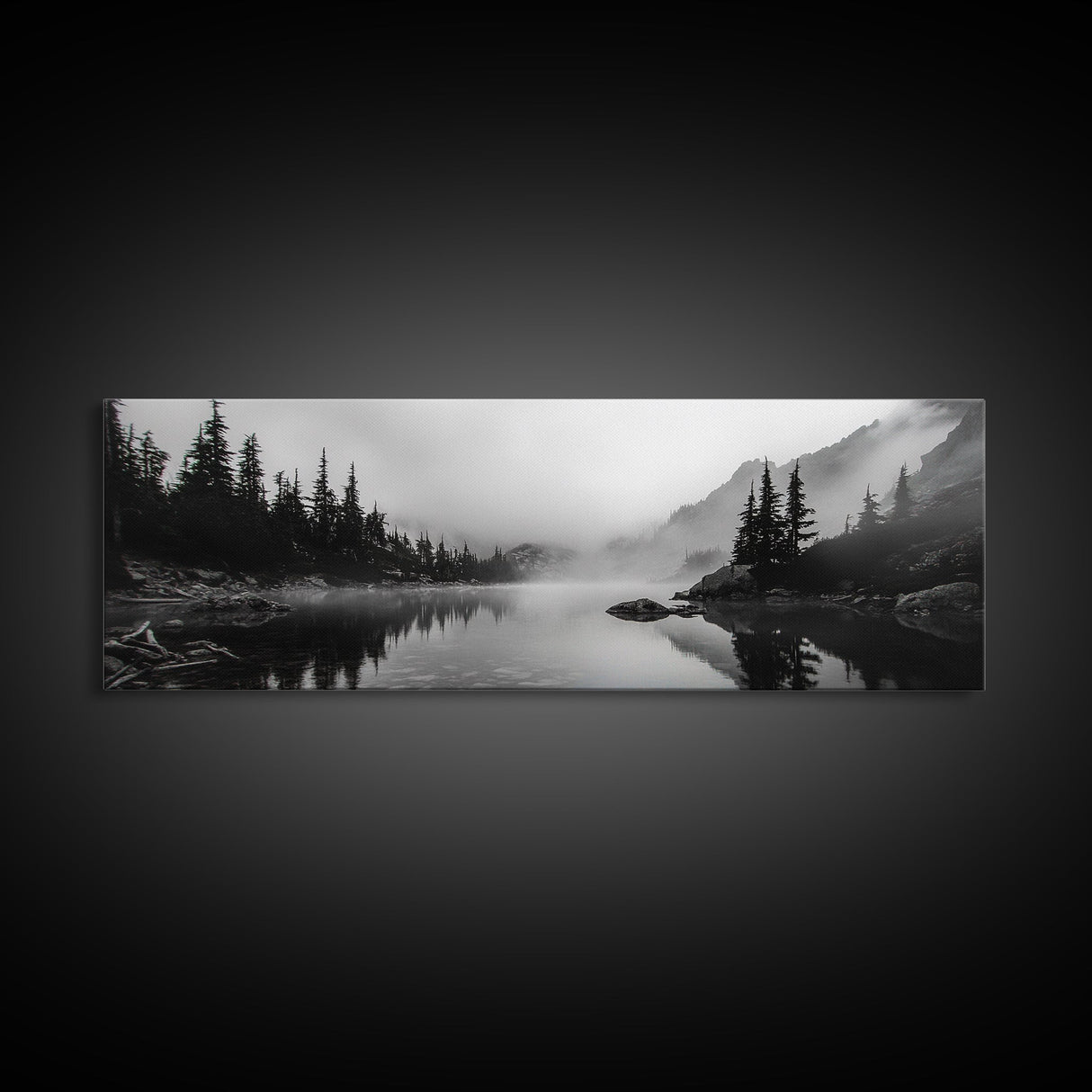 Foggy Pines, Mountain Reflection, Monochrome Wilderness, Canvas Print, black and white wall art, cabin decor, minimalist forest scene