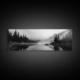 Foggy Pines, Mountain Reflection, Monochrome Wilderness, Canvas Print, black and white wall art, cabin decor, minimalist forest scene