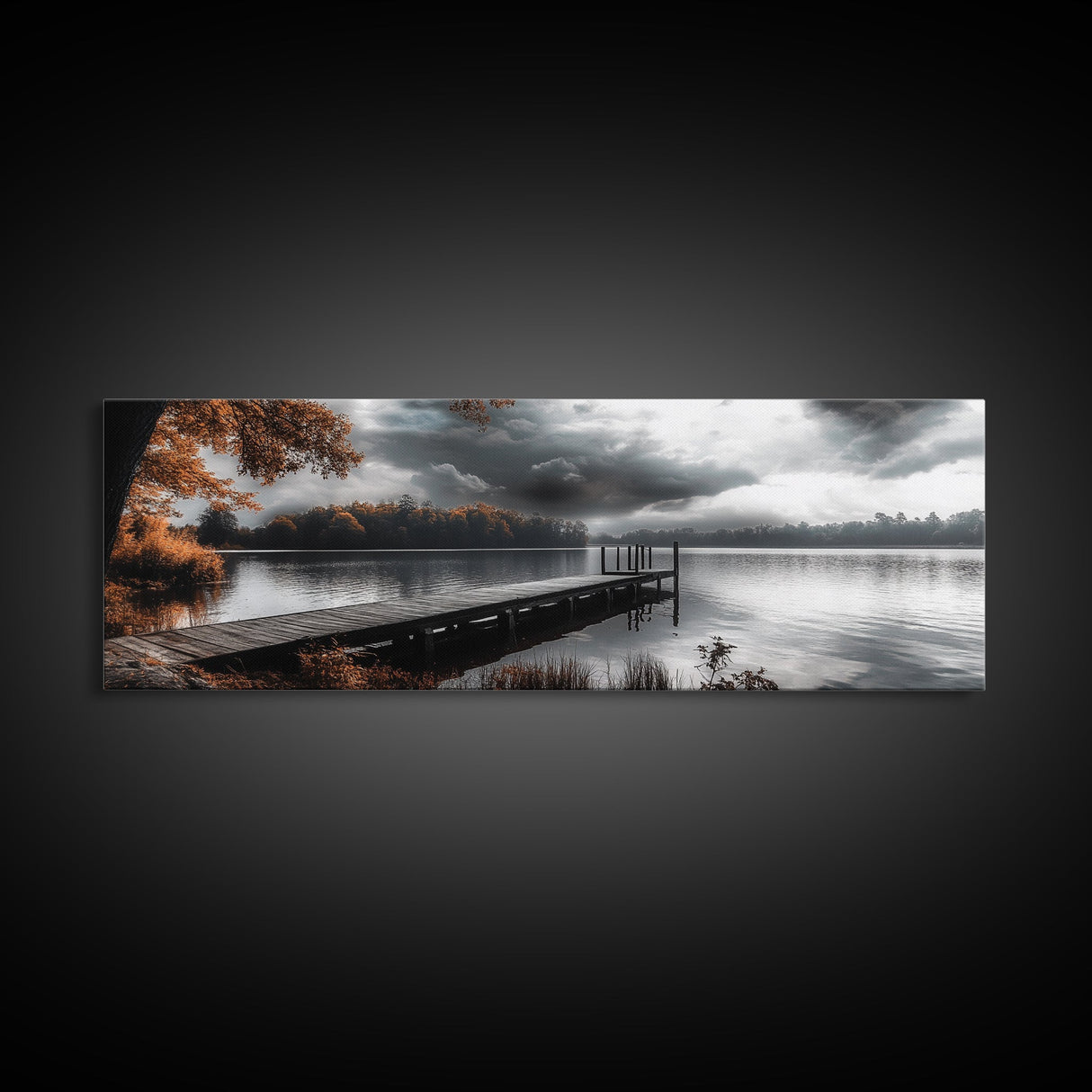 Autumn Lake, Stormy Sky, Wooden Dock, Canvas Print, fall landscape wall art, cozy home decor, cabin style print, orange forest reflections