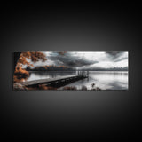 Autumn Lake, Stormy Sky, Wooden Dock, Canvas Print, fall landscape wall art, cozy home decor, cabin style print, orange forest reflections