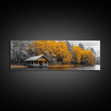 Fall Forest Cabin, Golden Autumn Trees, Riverside Retreat, Framed Canvas Print, Rustic Country Wall Art, Living Room Cabin Decor