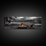 Campfire Chairs Lakeside, Cozy Autumn Vibes, Mountain Cabin View, Framed Canvas Print, Rustic Fall Wall Art, Living Room Fireplace Decor