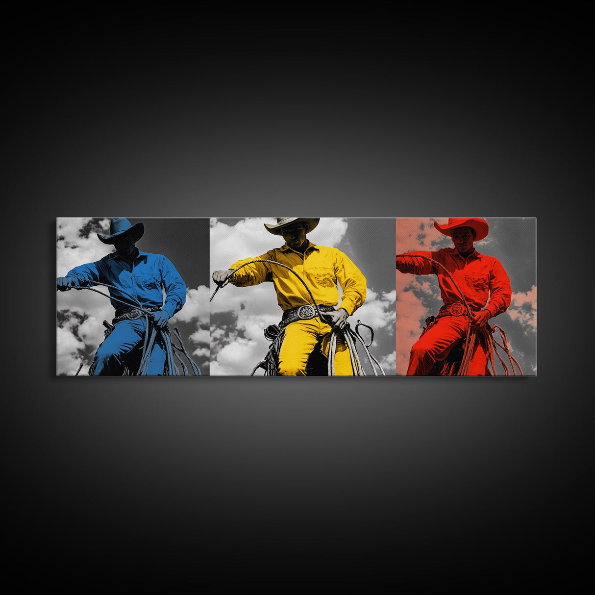 Cowboy Pop Art, Red Yellow Blue Trio, Western Rodeo Style, Framed Canvas Print, Bold Color Wall Art, Man Cave Decor, Modern Western Art