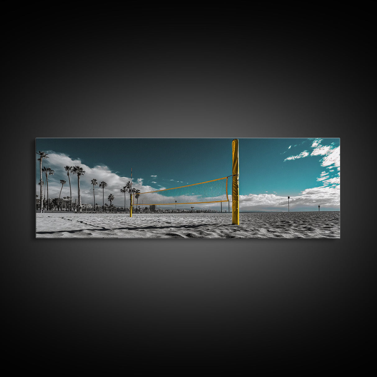 Beach Volleyball, Palm Trees, Summer Sport, Coastal Minimalism, Framed Canvas Print, Rec Room Wall Art, Sporty Vibe Decor
