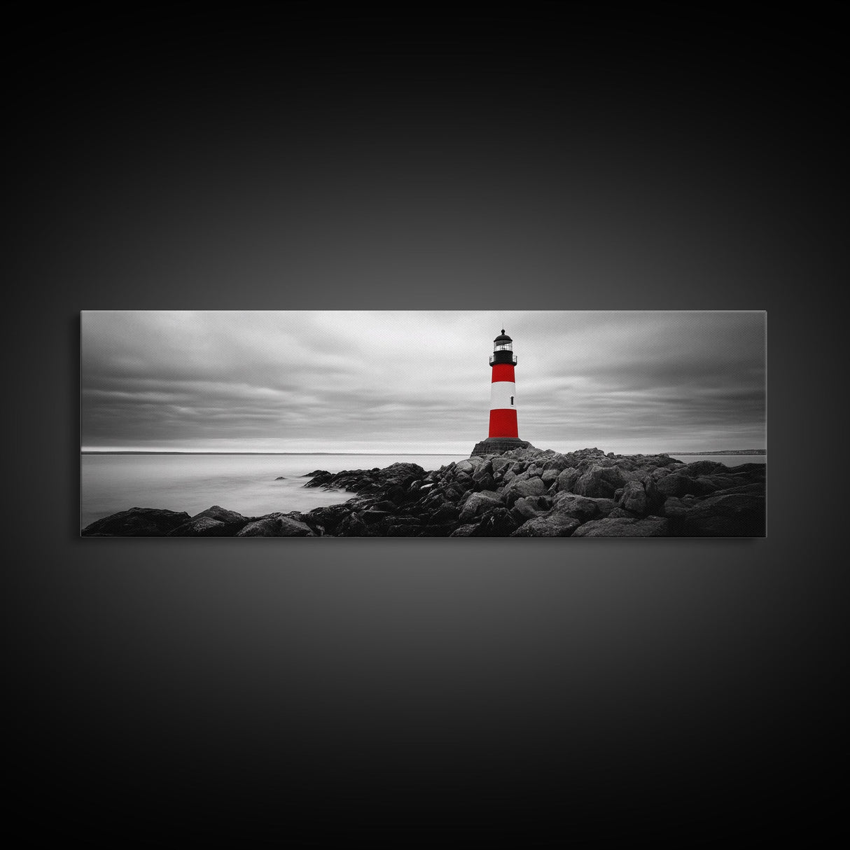 Lighthouse Coastline, Red Beacon, Stormy Sea, Black and White Landscape, Framed Canvas Print, Nautical Decor, Office Wall Art, Modern Style
